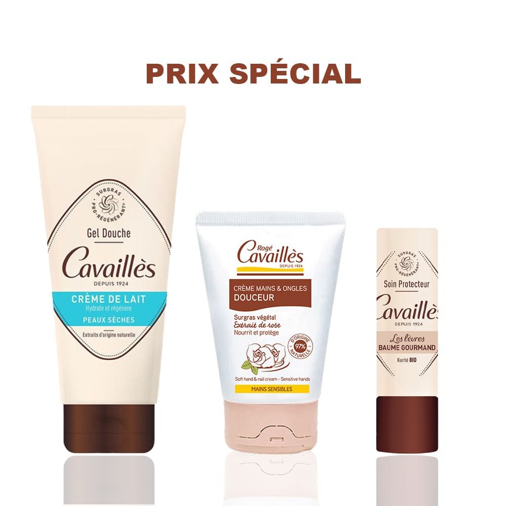 CAVAILLES PACK GEL DOUCHE CREME DE LAIT 200ML + CREME MAINS DOUCEUR 50ML + BAUME LEVRES GOURMAND
