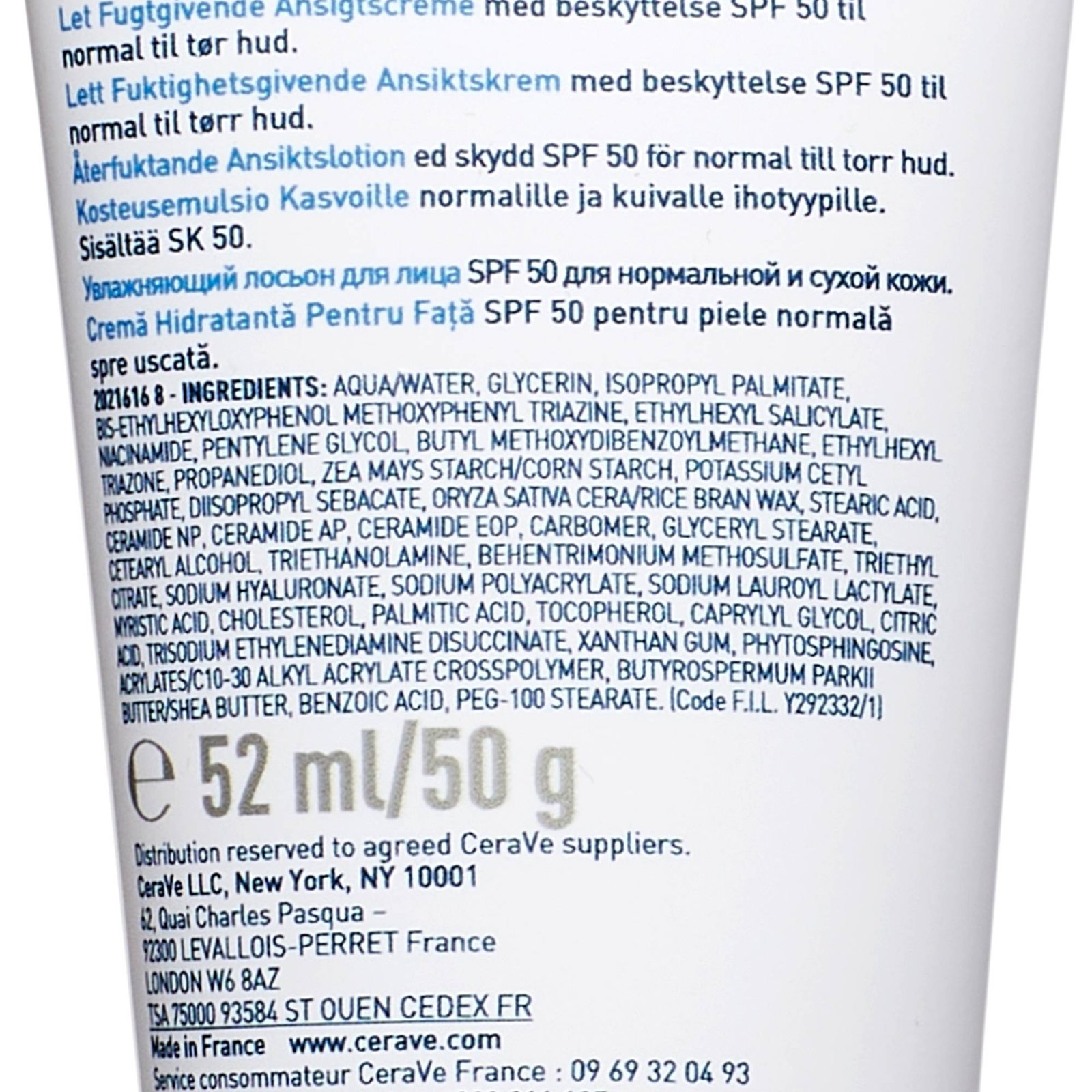 CeraVe Crème Hydratante Visage SPF 50 Peaux Normales À Sèches 52ml – Image 3