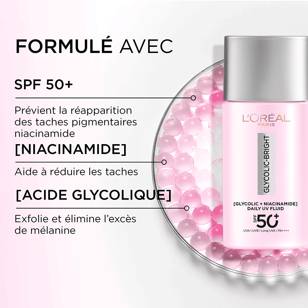 L'OREAL PARIS GLYCOLIC-BRIGHT ANTI-DARK SPOT DAILY UV FLUID SPF50 50ML = coffret guasha OFFERT – Image 3