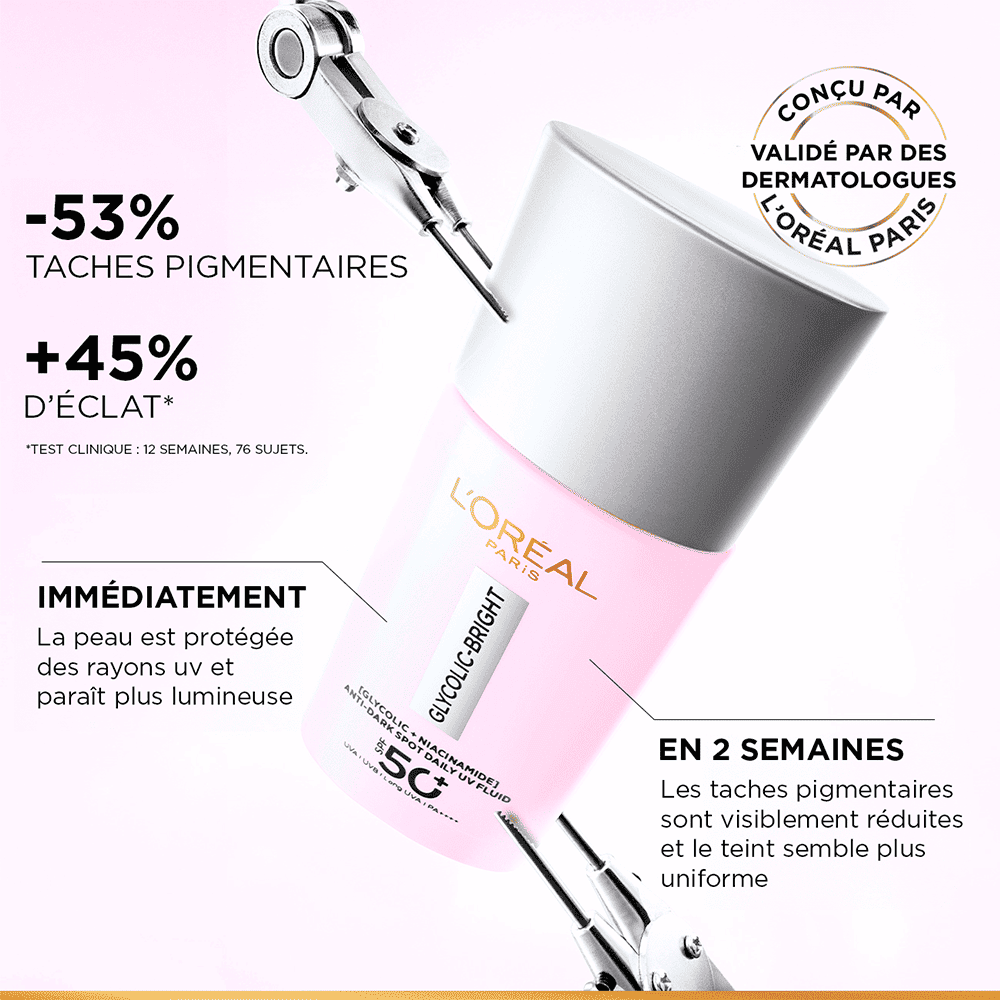L'OREAL PARIS GLYCOLIC-BRIGHT ANTI-DARK SPOT DAILY UV FLUID SPF50 50ML = coffret guasha OFFERT – Image 5