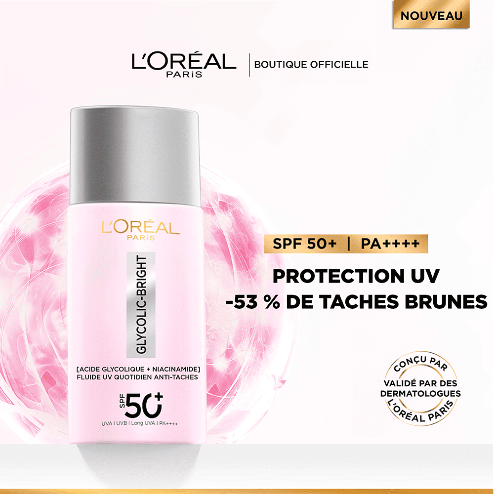 L'OREAL PARIS GLYCOLIC-BRIGHT ANTI-DARK SPOT DAILY UV FLUID SPF50 50ML = coffret guasha OFFERT – Image 6